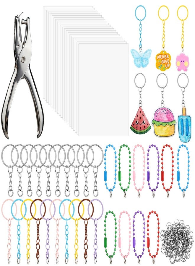 HFKPJRT 153 Pcs Shrink Paper Keychain Kit, 22 Shrink Plastic Sheets 8"x 5.7" with Keychain Accessories, Jump Rings, Lobster Clasps, Film Papers for DIY Shrinky, Jewelry Making Gifts for Kids & Adults - Image 1